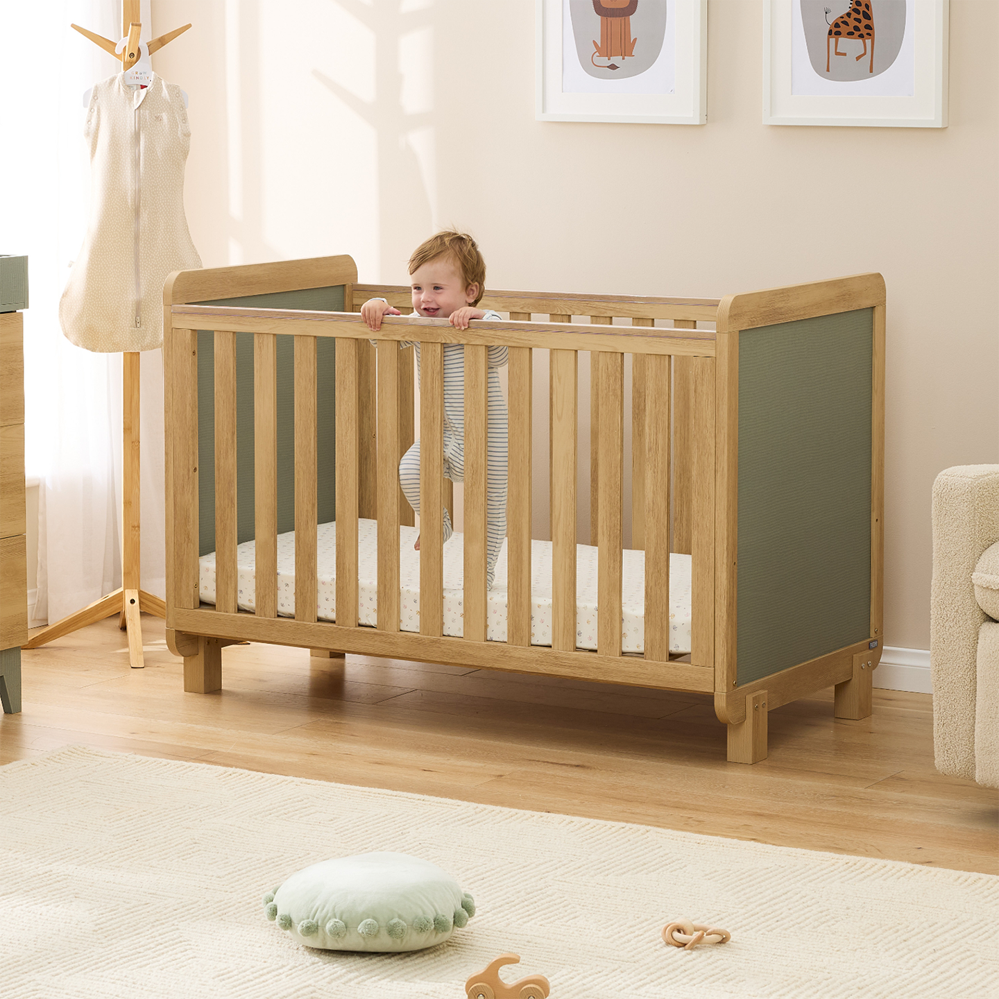 Kuba Cot Set with Chelsea in Sage Weave & Golden Oak