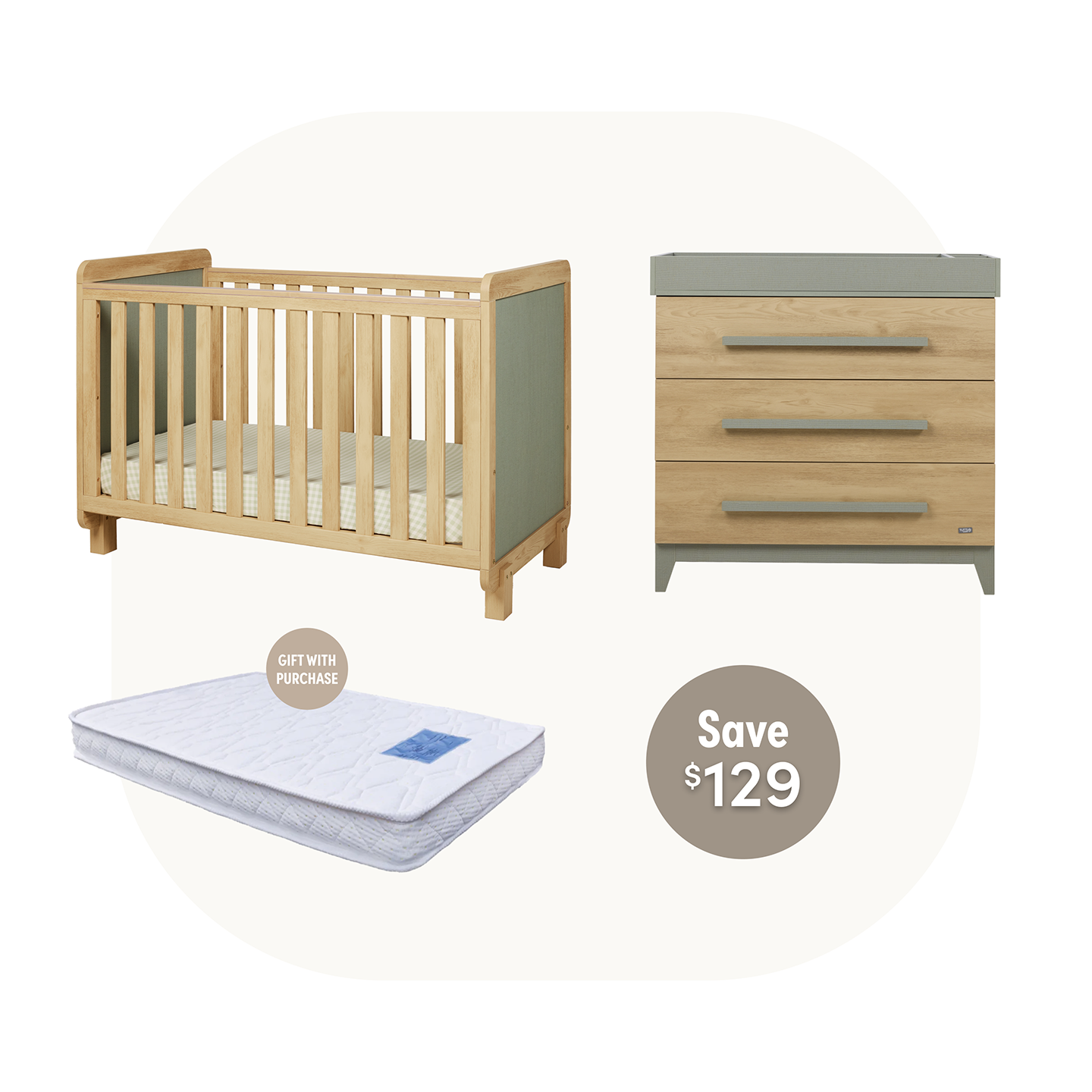 Kuba Cot with Chest & Removable Changer in Sage Weave & Golden Oak With Free Cot Mattress