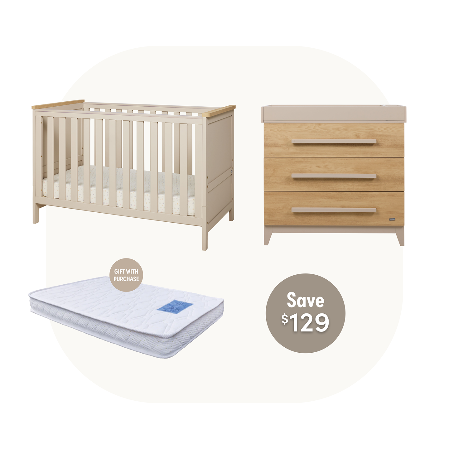 Misha Cot with Chest & Removable Changer in Mushroom & Golden Oak With Free Cot Mattress