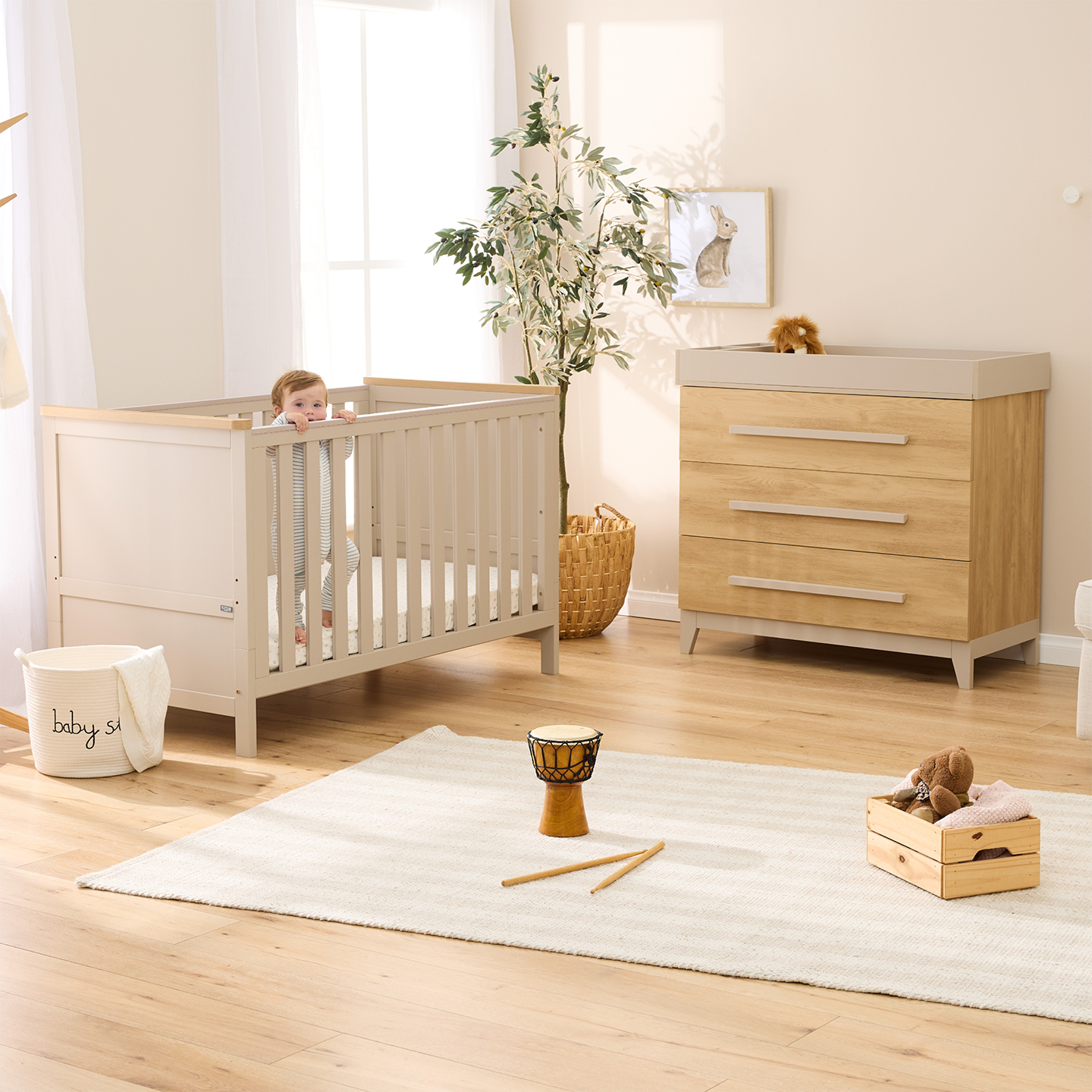 Misha Cot with Chest & Removable Changer in Mushroom & Golden Oak With Free Cot Mattress