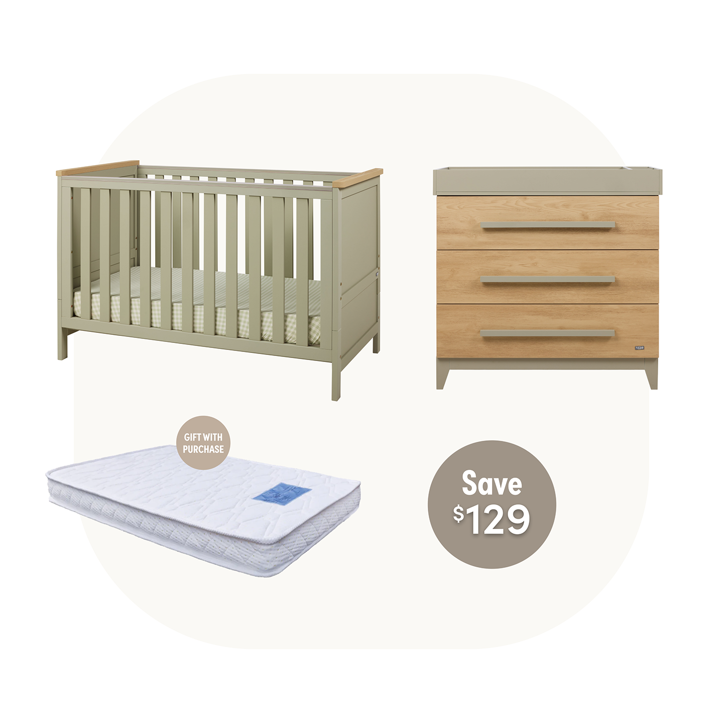 Misha Cot with Chest & Removable Changer in Sage & Golden Oak With Free Cot Mattress