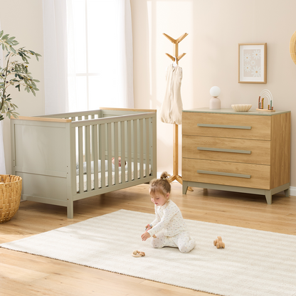 Misha Cot with Chest & Removable Changer in Sage & Golden Oak With Free Cot Mattress